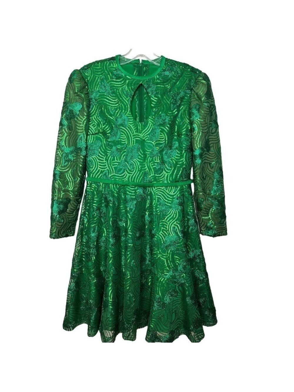 Kelly Green Sequin Long Sleeve A-Line Keyhole Neckline Short Dress